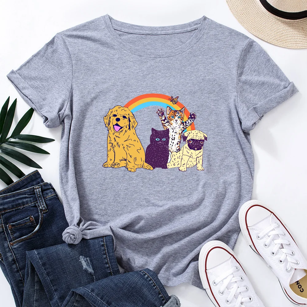 

Best Friends T Shirt Women Cotton 5XL Plus Size Dog Cat Rainbow Print Cute Graphic T Shirts Short Sleeve Female Casual Tops Tee