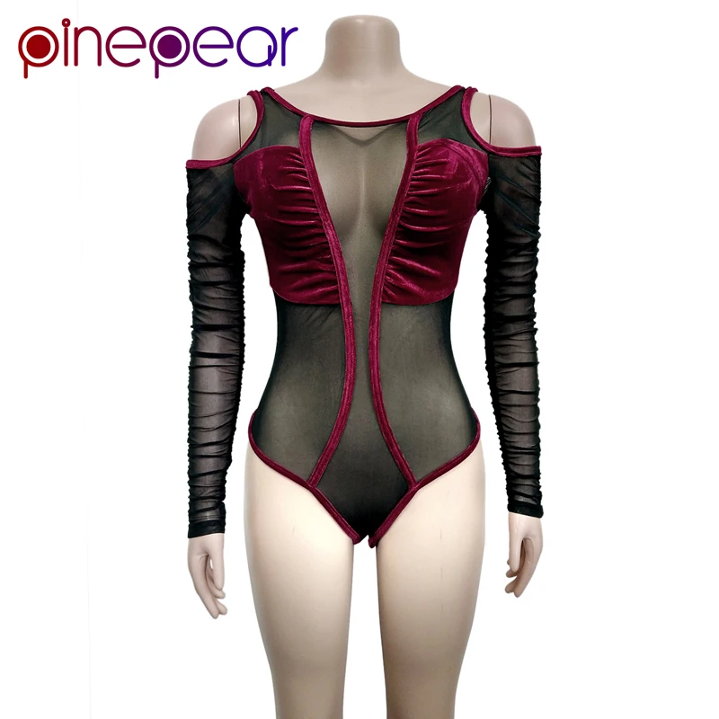

PinePear Fashion Patchwork Mesh Velour Jumpsuit 2020 Winter Women Hollow Out See Through Sexy Club Velvet Romper Drop Shipping