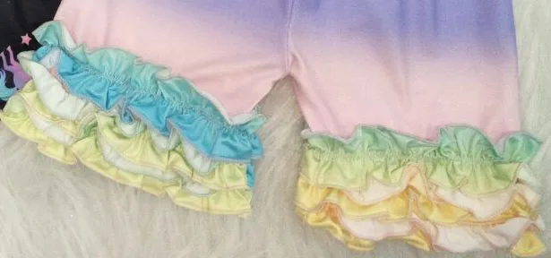 

Summer boutique child girl small flying sleeve suit color unicorn flowers rainbow ruffle shorts yll