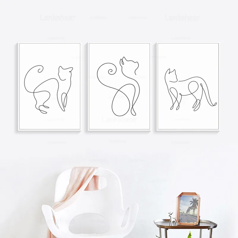 Минимализм с абстрактными линиями кривой животных кошка холст художественный