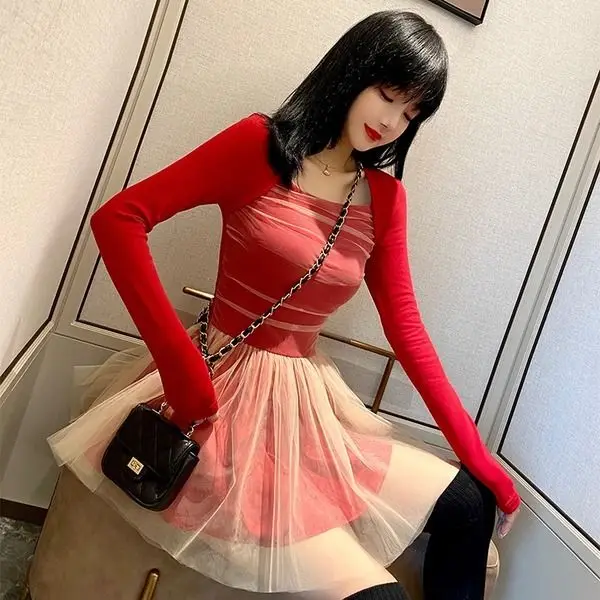 

Free Shipping Solid Long Sleeve Square Collar Double Layer Women Mini Dress Fashon Mesh Design Casual Spring Clothing Red Black