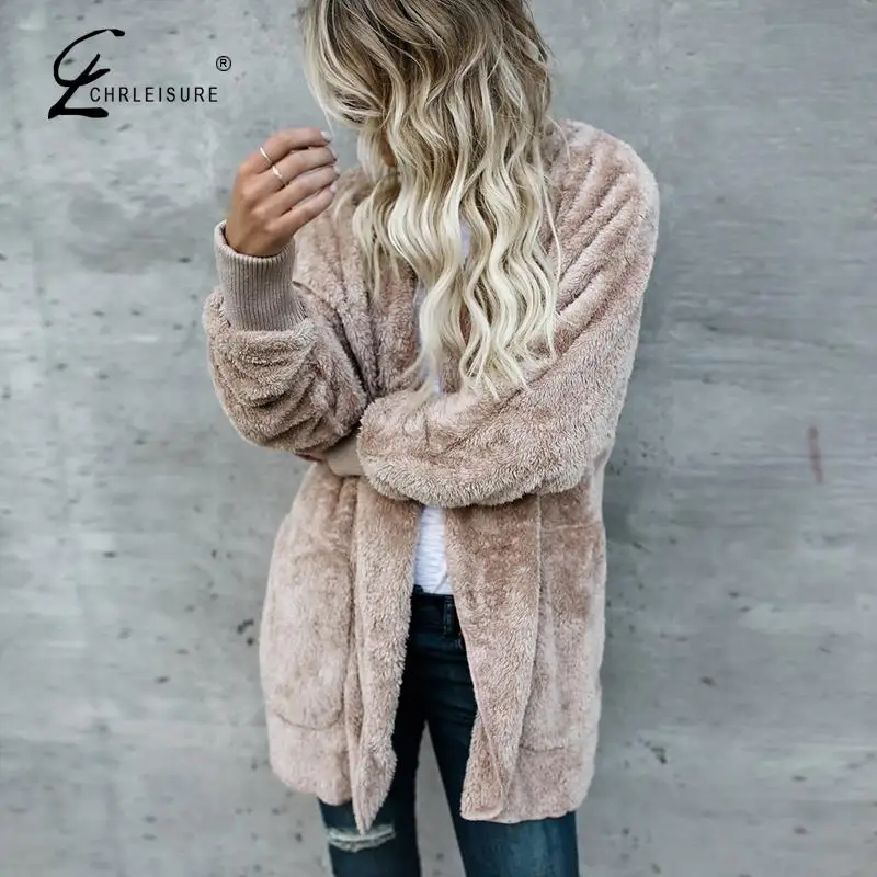 Женский плюшевый кардиган с капюшоном свитер пальто Winte размера плюс длинный