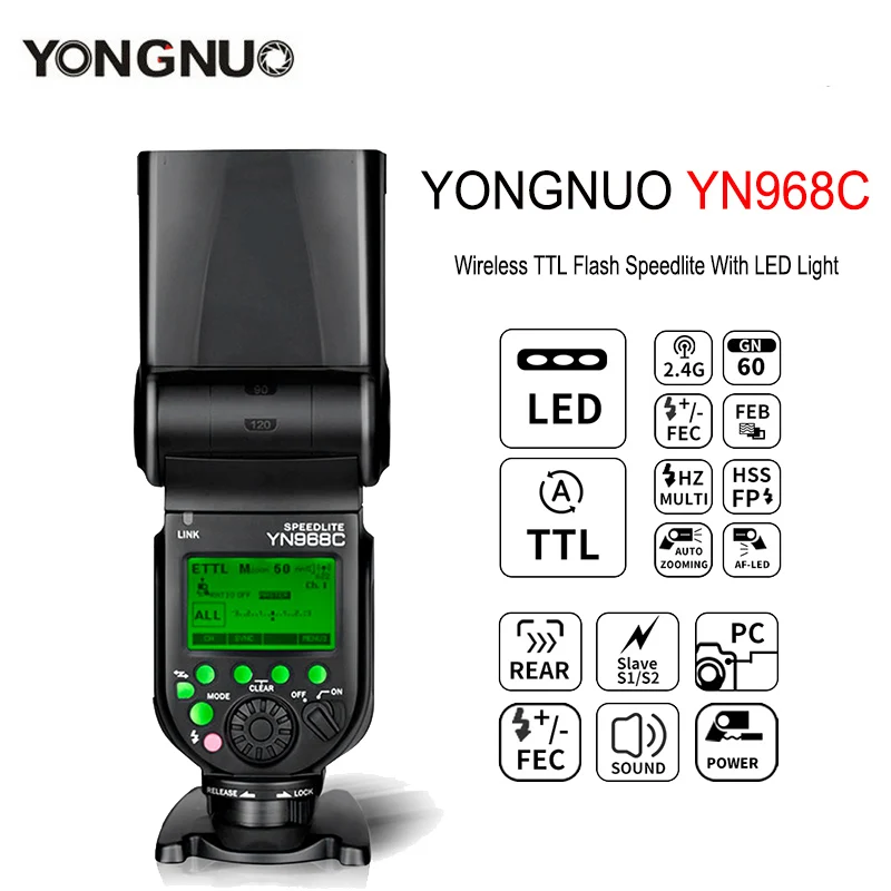 

YONGNUO YN968C Вспышка Speedlite для Canon Nikon DSLR совместимая с YN622C Беспроводная TTL HSS Speedlite 1/8000 со светодиодной подсветкой