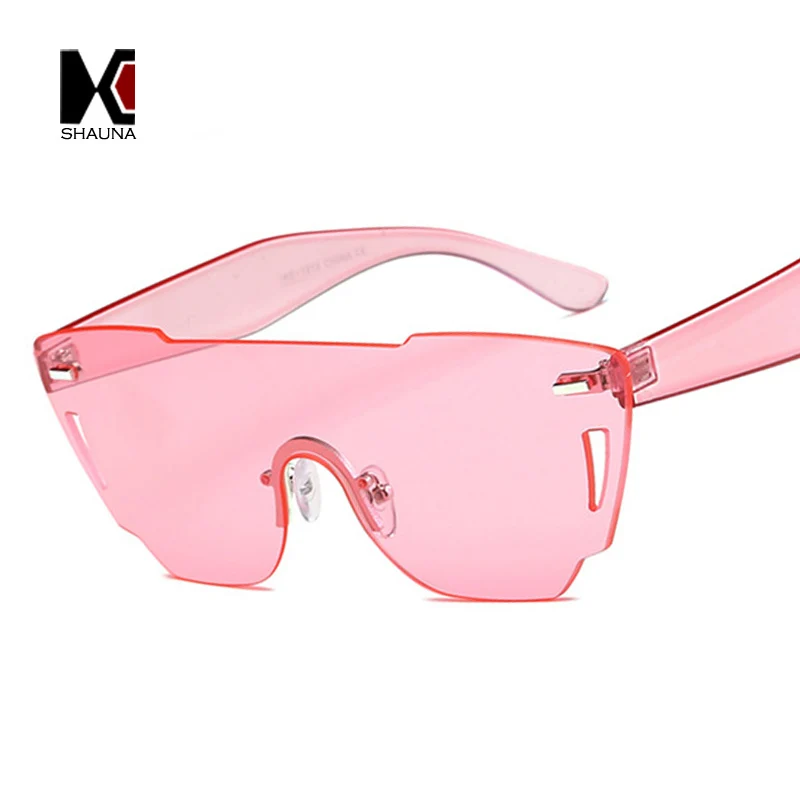 SHAUNA Newest Candy Color Integrated Lens Women Cateye Sunglasses Nail Decoration Men Rimless Pink Tint Glasses | Аксессуары для