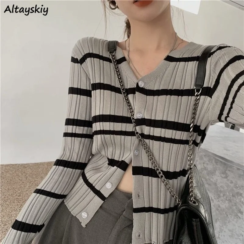 

Cardigans Women Knitted Striped V-neck Long Sleeve Korean Style Elegant Ladies Sweaters Elasticity Trendy Chic Tops Female New