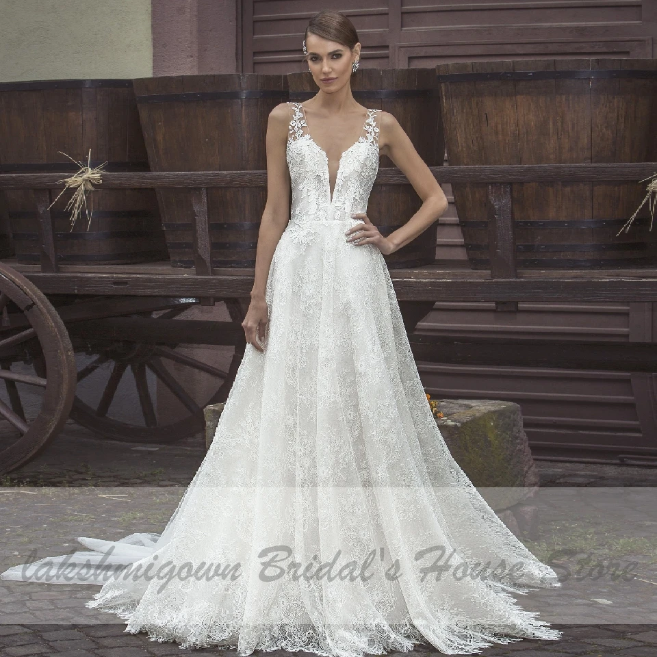 

Lakshmigown Vintage Bridal Dress Lace V Neck Wedding Dresses Beach 2020 Robe Longue Appliques Plus Size A Line Wedding Dress