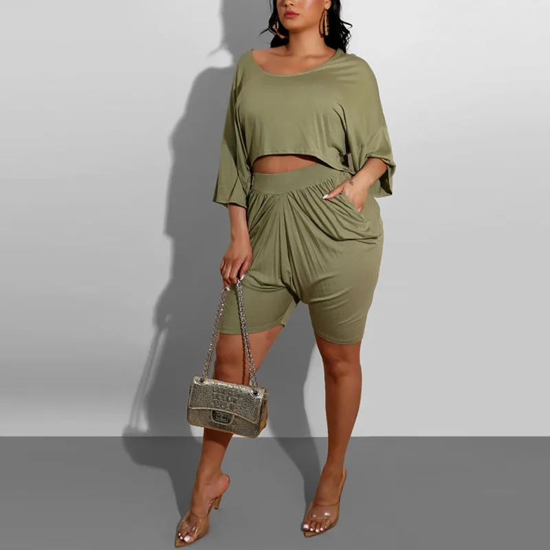 

Women Casual Solid Two Piece Matching Sets Batwing Sleeve Twist Shirt Top & High Waist Loose Shorts Plus Size Chic Suits