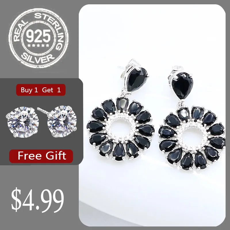 Женские серьги с черным сапфиром серебристого цвета Свадебные украшения белым