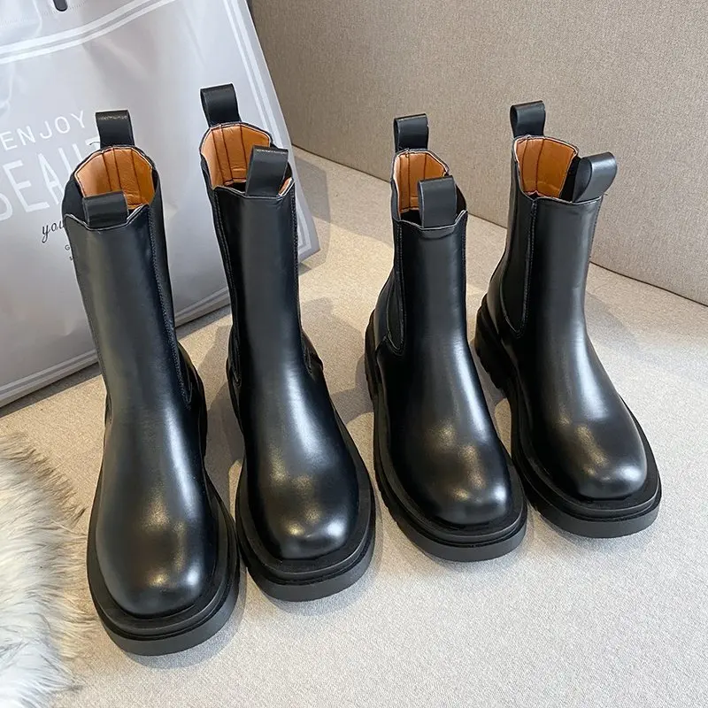 

Ботинки Челси, массивные ботинки, женская зимняя обувь, ботильоны из искусственной кожи с плюшевой подкладкой, черные женские осенние модные ботильоны на платформе