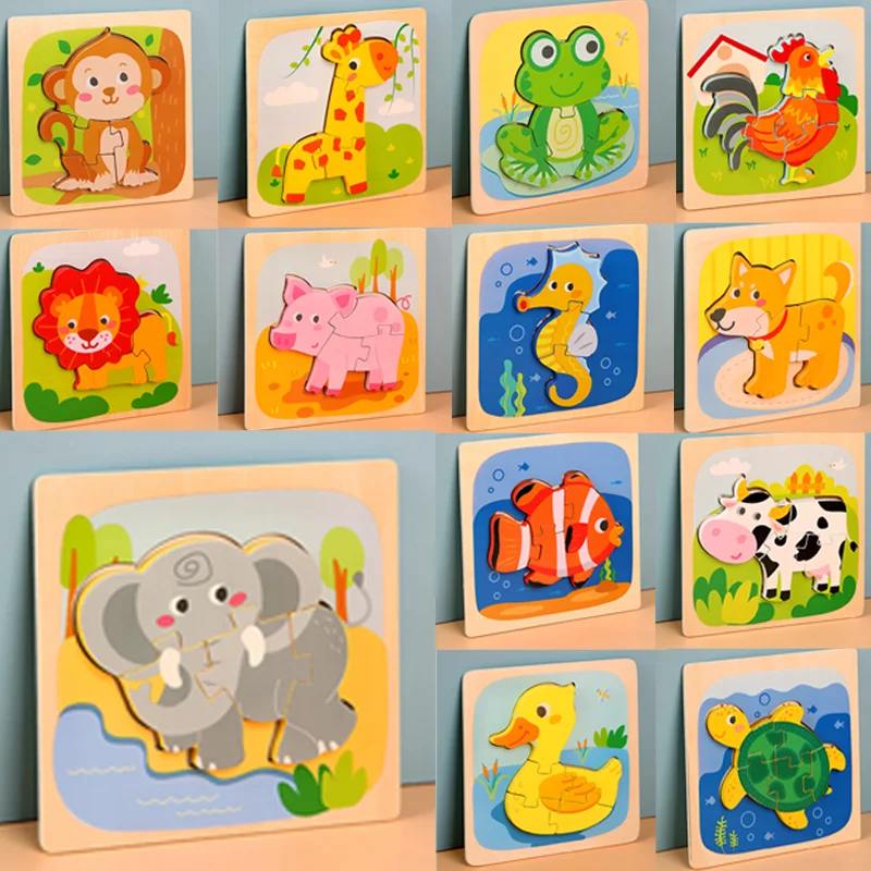 

Wooden 3D Children's Cognitive Puzzle Learning Cartoon Animal Intelligence Jigsaw Puzzle Toys Games Christmas Gift