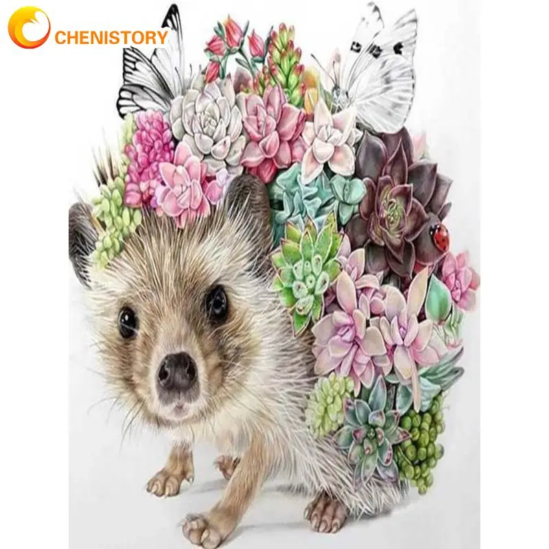 

CHENISTORY 5D Full Square Round Diamond Painting Animal Fleshiness Hedgehog Cross Stitch DIY Embroidery Flower Mosaic Decoration