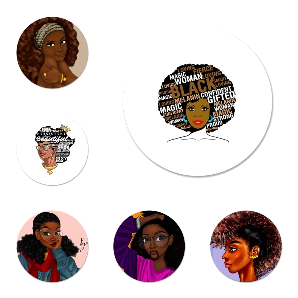 

African Afro Melanin Poppin Black Girl Icons Pins Badge Decoration Brooches Metal Badges For Clothes Backpack Decoration 58mm
