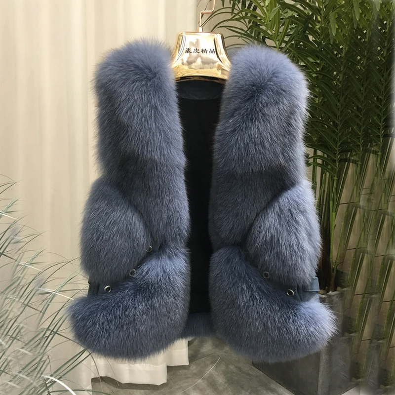 ZDFURS* из натурального меха лисы жилет короткий без рукавов Vestwoman зимние теплые натуральный меховой жилет натуральным лисьим мехом Меховая куртка лисий мех пальто - Цвет: grey blue