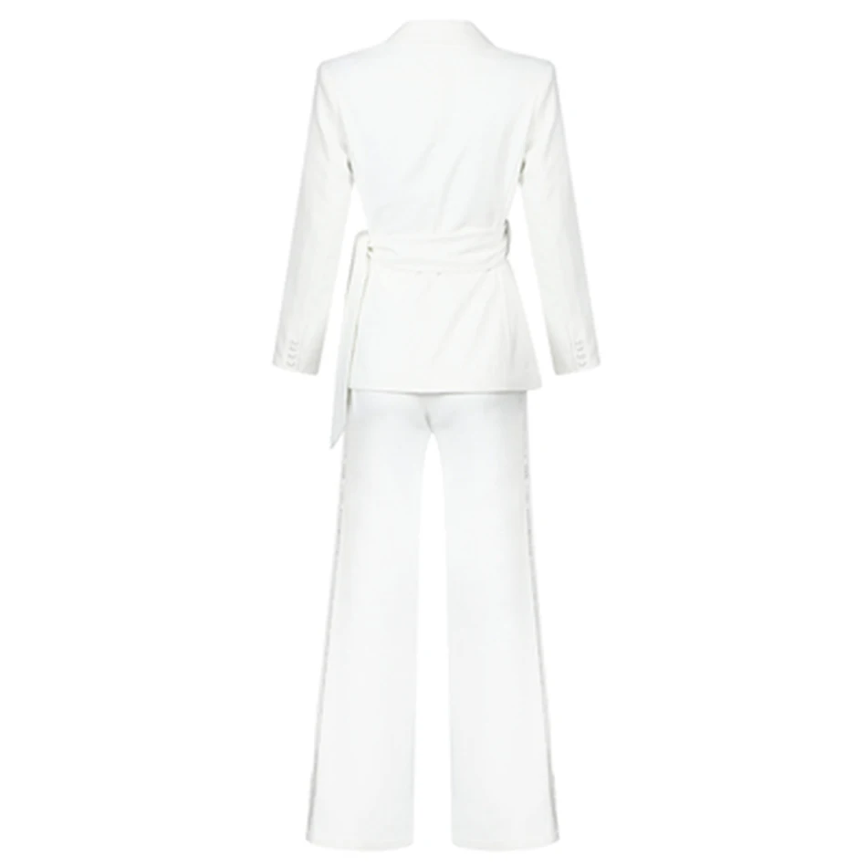 

2020 Spring New White Suit 2 Two-piece Sexy V-neck Long Sleeve Strap Belt Jacket and Split Flare Trousers Celebrity Party Set