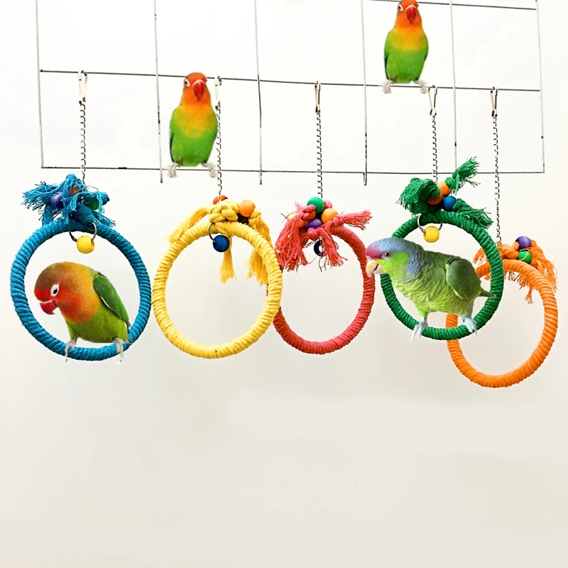 1pc Pet Parrot Birds Cage Toy Cotton Rope Circle Ring Stand Chewing Bite Hanging Swing Climbing Play Toys For Cockatiel Parakeet durable parrot swing utility nontoxic soft multipurpose hemp rope climbing net for cockatoo parrots small pets birds