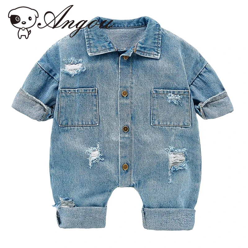 

Spring Autumn Newborn Boys Girls Cowboy Broken Hole Jumpsuits Clothes Baby Boys Girls Long Sleeve Rompers Children Rompers