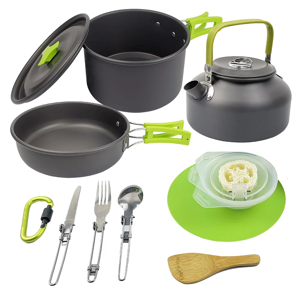 

1Set Outdoor Pots Pans Camping Cookware Picnic Cooking Set Non-Stick Tableware with Stove Spoon Fork Knife Kettle for 2-3 Person