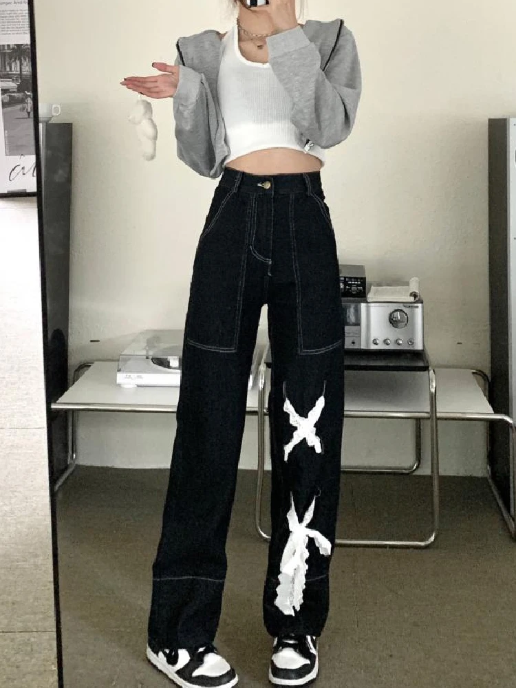 

Винтажные женские джинсы в стиле Харадзюку, модные брюки с ленточным дизайном, прямые повседневные ковбойские черные женские широкие брюки