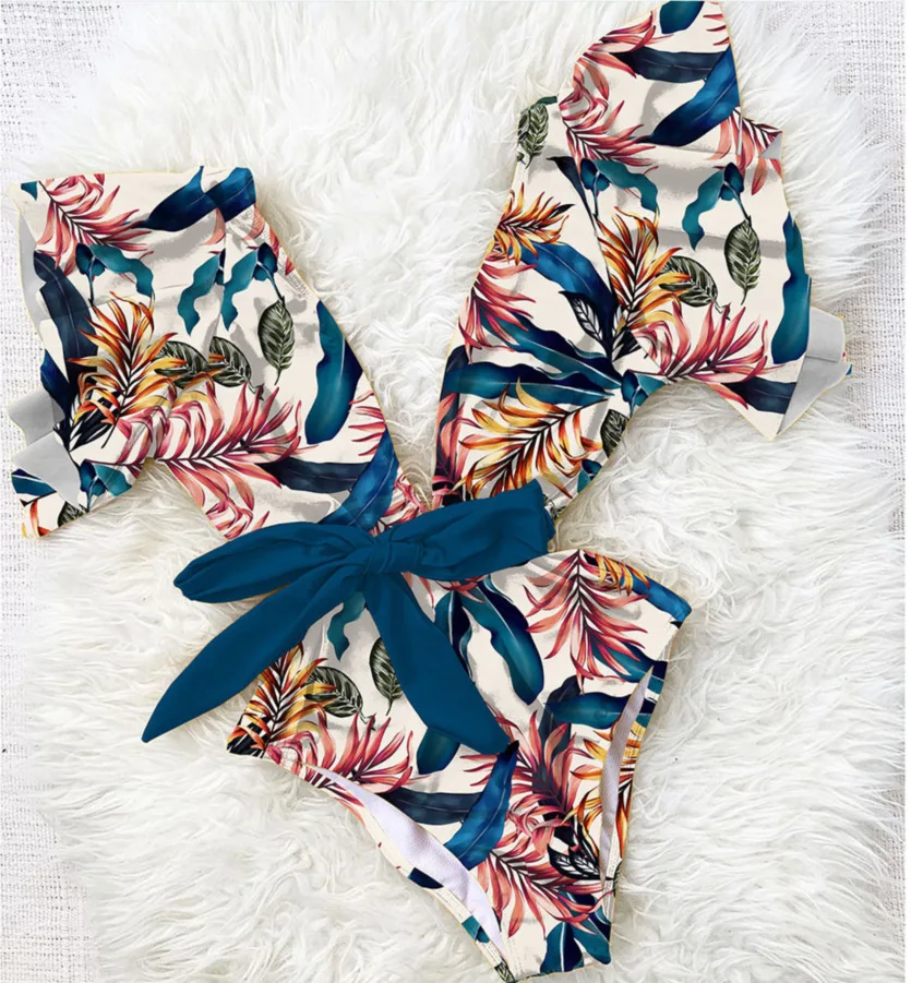 

2021The new swimwear sexy lotus leaf edge dark V big collar a variety of color belted jumpsuit women's swimwear