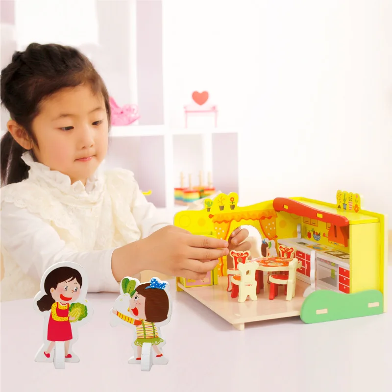 

Kids Girls Pretend Playing Kitchen Toy Wooden Blocks Assemble Game Simulation for 3+ Years Old