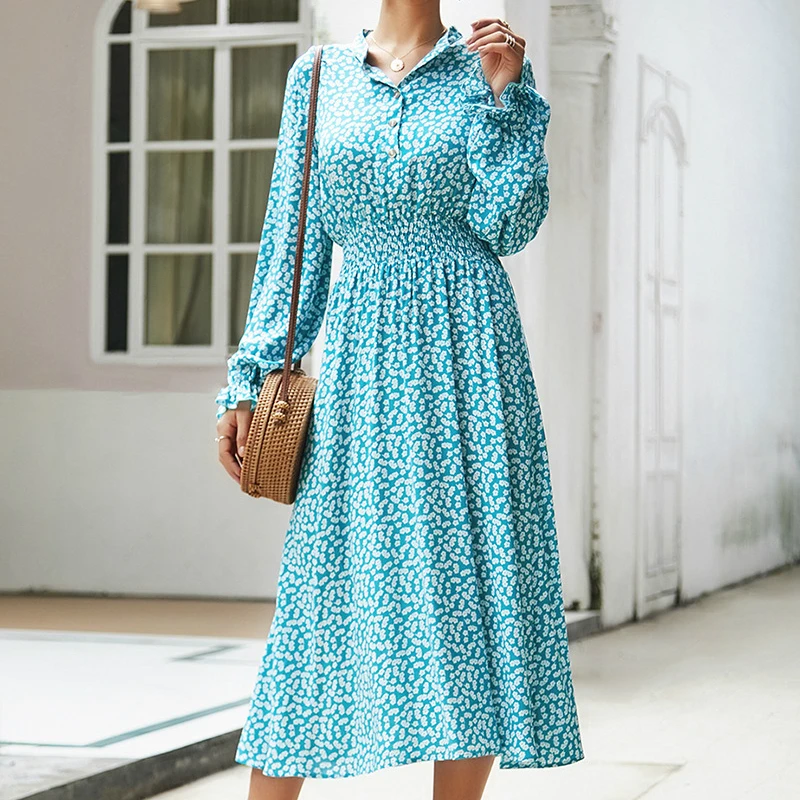 

Women Blue Floral Print Maxi Bohemian Beach Dress Long Sleeve Office Shirt Dress Vestidos 261