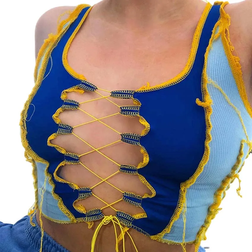 

Lusofie Women's Summer Sexy Sleeveless Tops Fashion High Street Stitching Blue T-shirt Casual Slim Hollow out Bandage Top