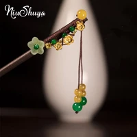 niushuya new vintage chinese wood hair stick hair accessories handmade flower green bead headpiece hairpins hair ornaments hair