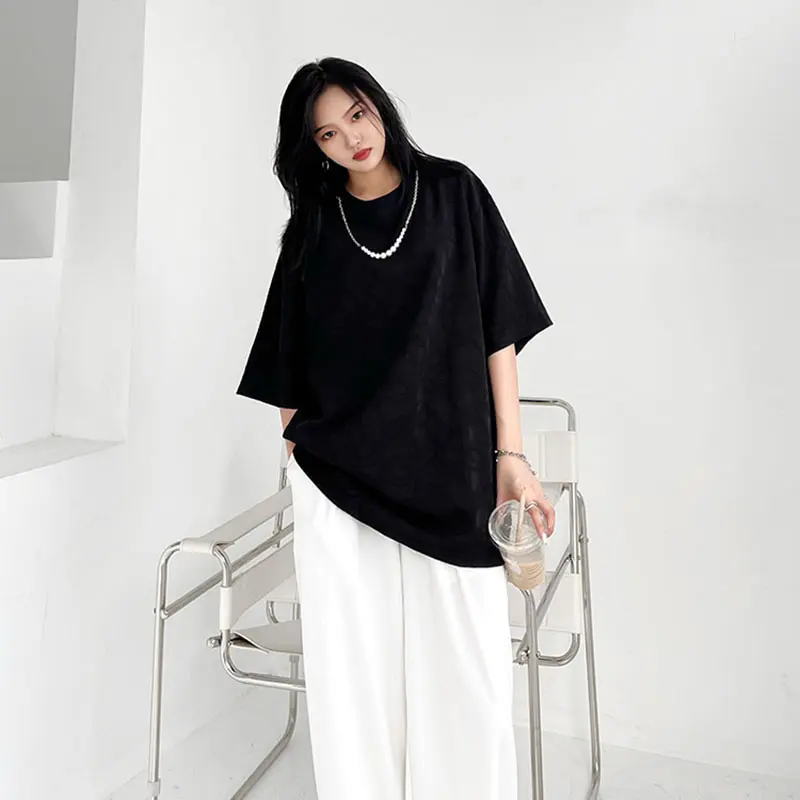 

XITAO Summer New T-shirt Solid Color Chain Shape Jacquard Simplicity Fashion Women Casual Loose Top Trendy All-match WMD0363