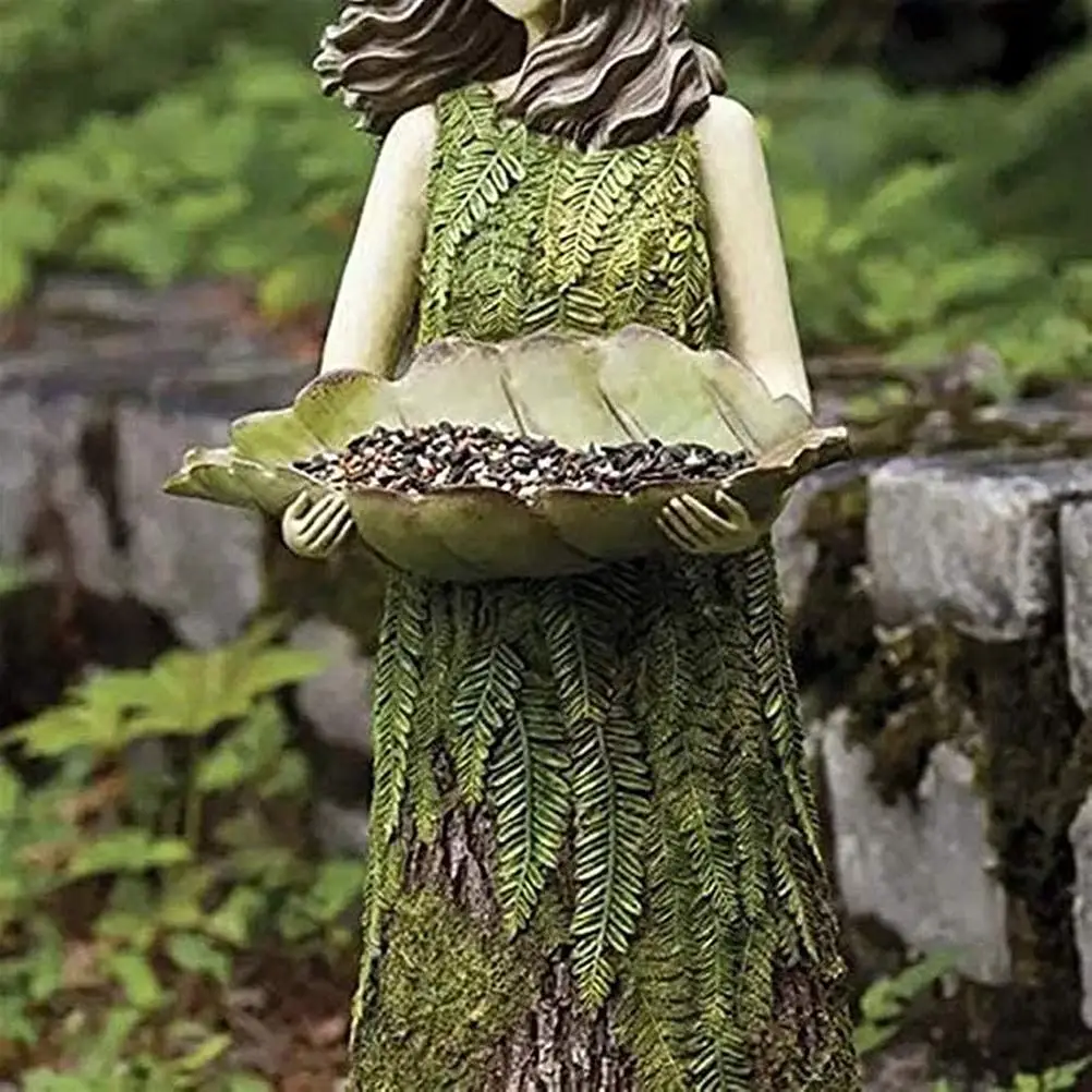 

Fairy Garden Statue with Bird Feeder Lawn Resin Ornaments Garden Art Sculptures for Outdoor Decoration