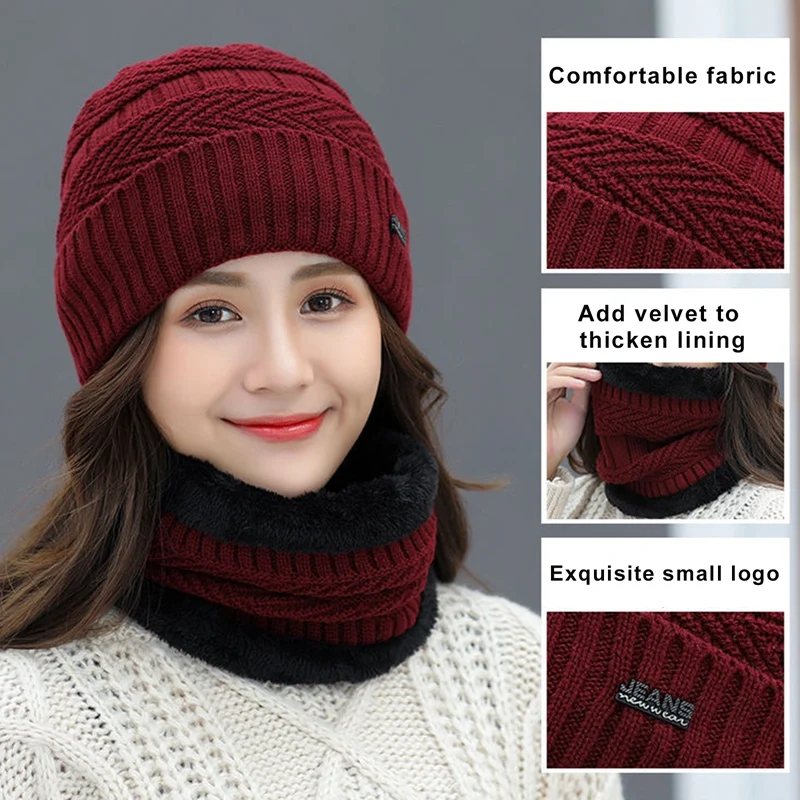 

Brand New Women's Knitted Hat Scarf Set Caps Neck Warmer Winter Hat For Ladies Girls Beanies Warm Fleece Caps