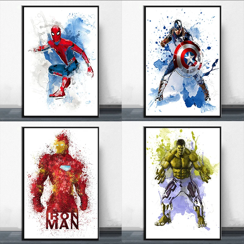 

Cartoons Marvel Avengers Superhero Canvas Painting Watercolor Classic Marvel Poster and Print Wall Art Picture for Children's