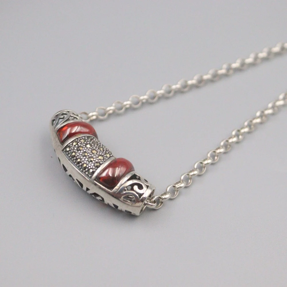 

Pure 925 Sterling Silver Bless Lucky Hollow Garnet Bend Tube Pendant For Men Women Special Gift 36*13mm