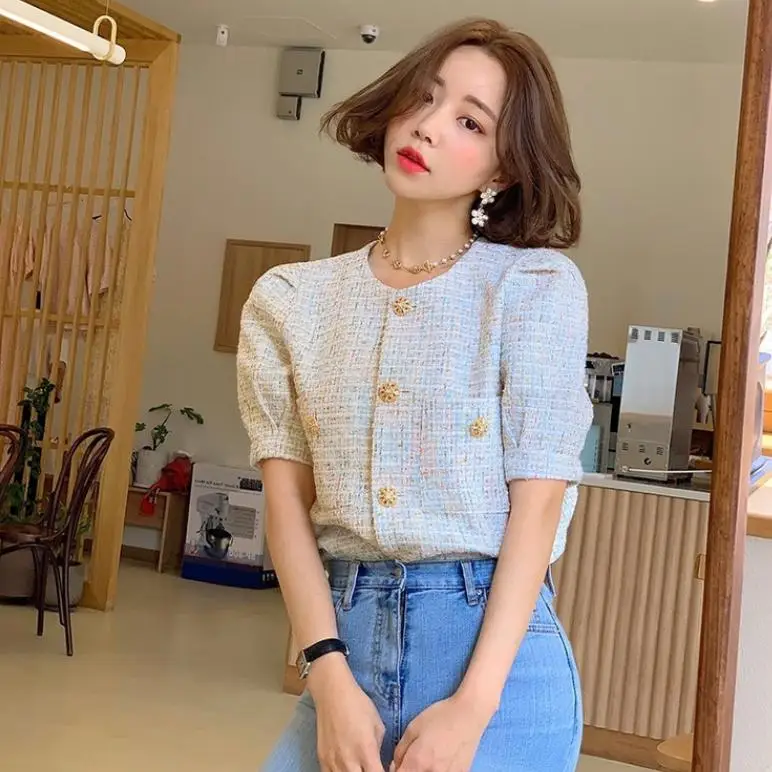 

Chic short jacket women's round neck short-sleeved golden button blended blouse 2021 summer Korean fashion women's clothing