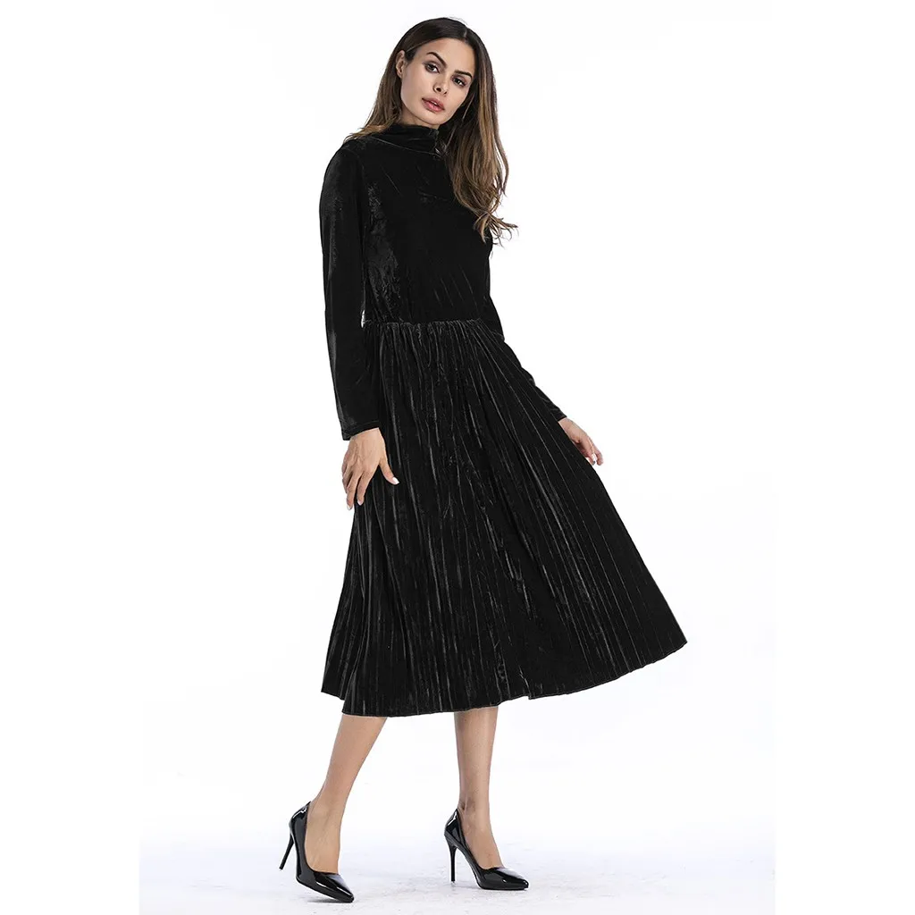 Formal Dress Women Elegant Sweet Evening Dresses 2019 Autumn Winter Ladeis Black Turtleneck Long Sleeve Sundress vestidos | Женская