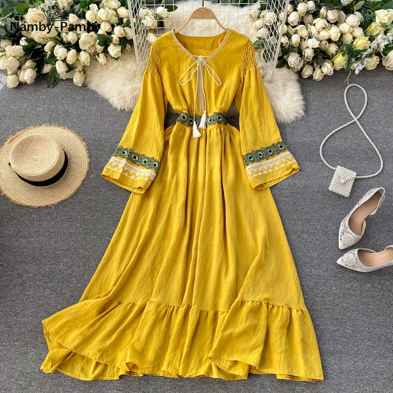 

Женское платье с этническим принтом, кружевное тонкое свободное платье миди с V-образным вырезом и расклешенными рукавами, модель C667 на весн...