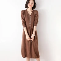 autumn and winter new womens wooden ears 100 pure wool dress v neck fashion lazy self cultivation knit bottoming long sweater