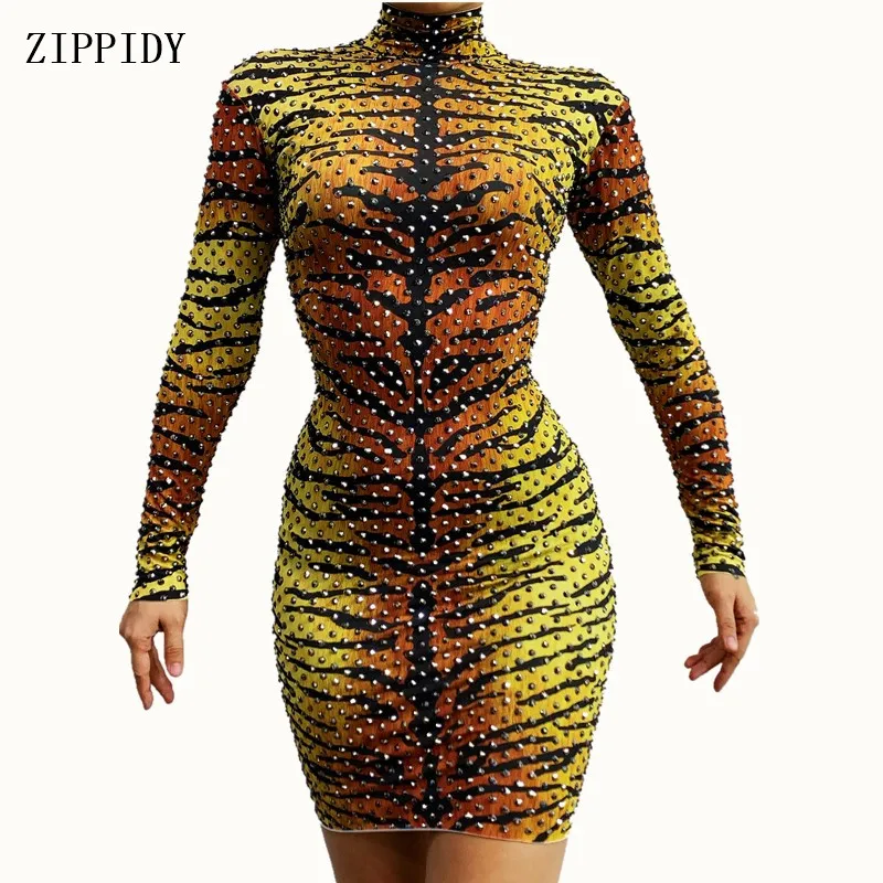 Сексуальное платье с принтом тигра стрейчевое мини стразы певицы женское для
