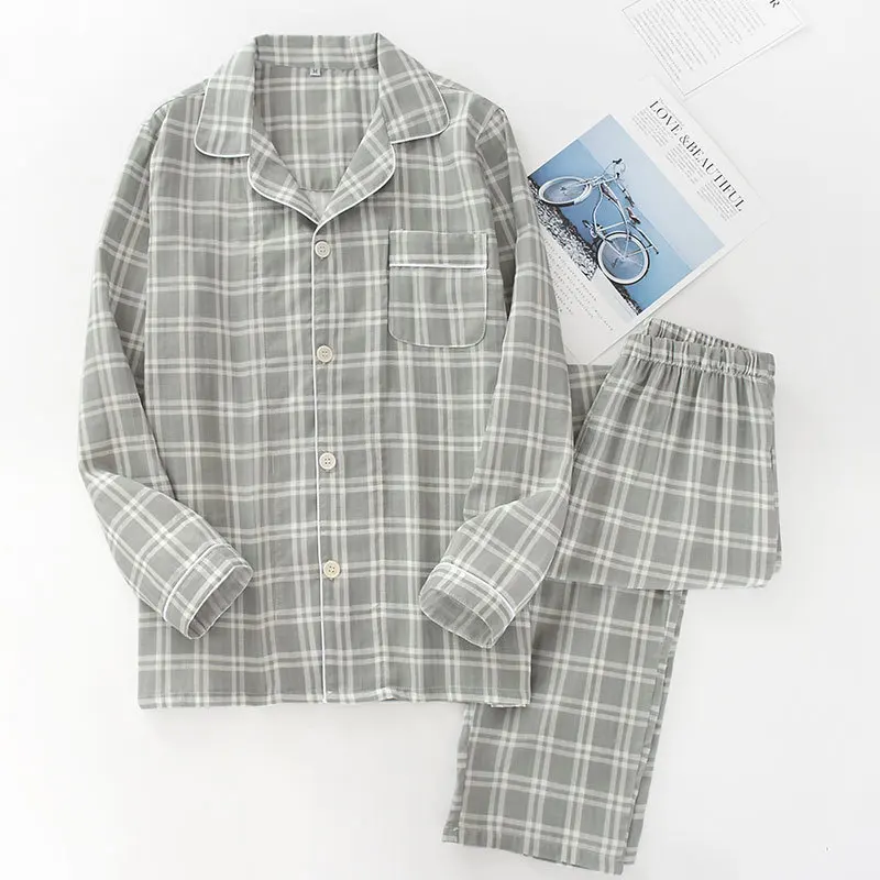 

Men's Plaid Pajama Suit Cotton Gauze Thin Casual Pijama Set Long Sleeves Trousers Lapel Pyjama Autumn Men Sleepwear Home Service
