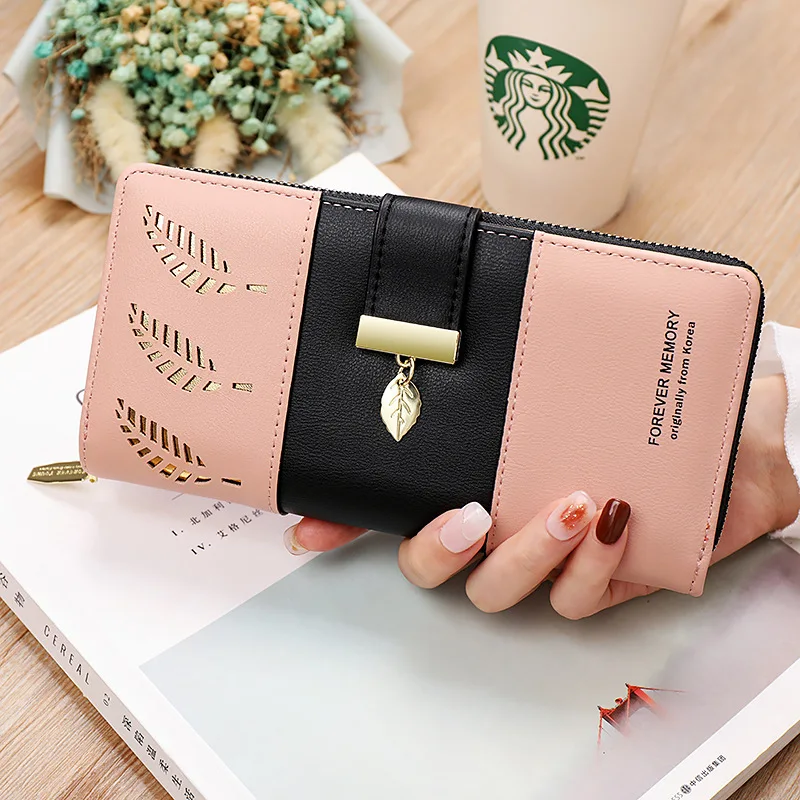 

Two Fold Wallet for Women Hollow Out Leaf PU Litchi Grain Wallets Smooth Zipper Hasp Closed Large Capacity Lady Clutch Bag