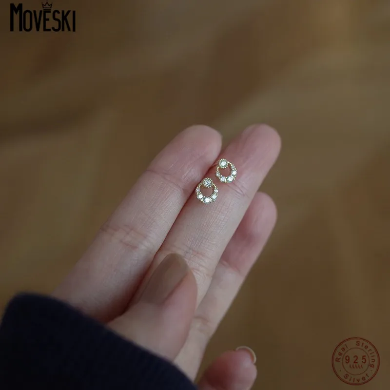 

MOVESKI 925 Sterling Silver Small Simple Temperament Zircon Moon Earrings for Women Anti-allergy Fine Plating 14K Gold Jewelry