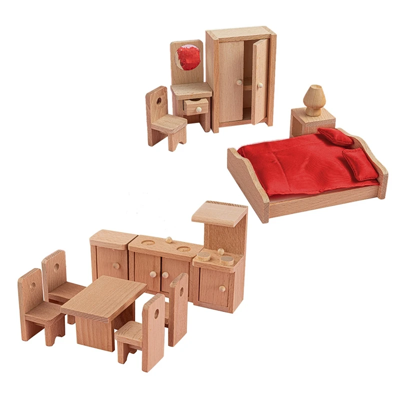 

2 набора деревянного нежного кукольного домика, набор игрушек, ролевая игрушка, детская развивающая игрушка (спальня и ресторан)