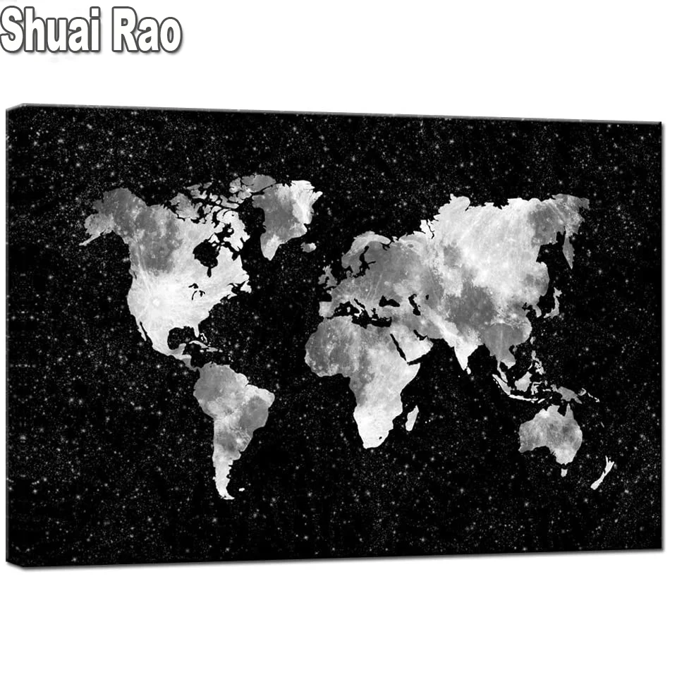 

diamond painting Silver World Map Diamond Painting Black and White Art full square Round,5d diy diamond embroidery kit