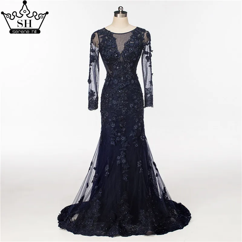 Темно-синие вечерние платья из тюля с длинными рукавами и русалочкой элегантное