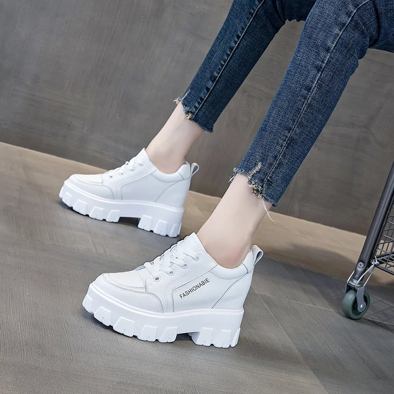 

2021 Spring New Platform Women's Shoes Women's 8cm Thick-soled Shoes Leather Korean Version Of The Wild Increase In White Shoes