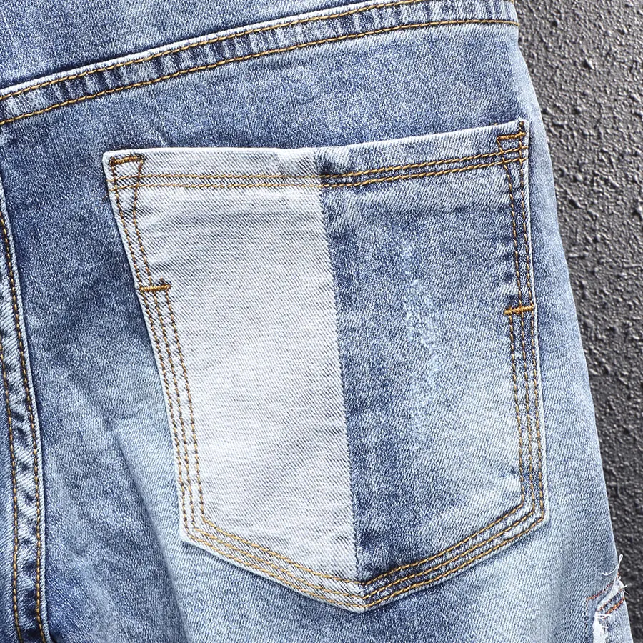 American Street Style Fashion Men Jeans Retro Light Blue Elastic Slim Fit Ripped Jeans Men Patches Designer Hip Hop Denim Pants