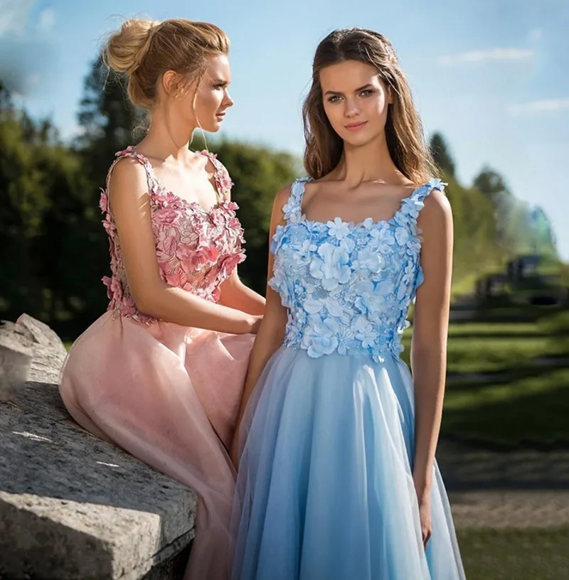 

A-Line Blue/Pink Evening Dress 2021 Square Neckline Sleeveless Hand-Made Flowers Prom Party Gown Saudi Arabia Customed