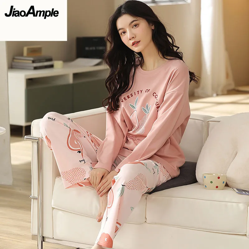 100% Cotton Pajamas Women Pijamas Set 2022 Spring Autumn New  Cute Cartoon Casual Simple Home Clothes Female Sleepwear Nightie