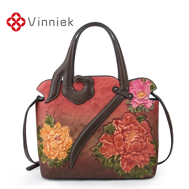 Винтажная женская сумка из натуральной кожи на плечо с тиснением и цветами