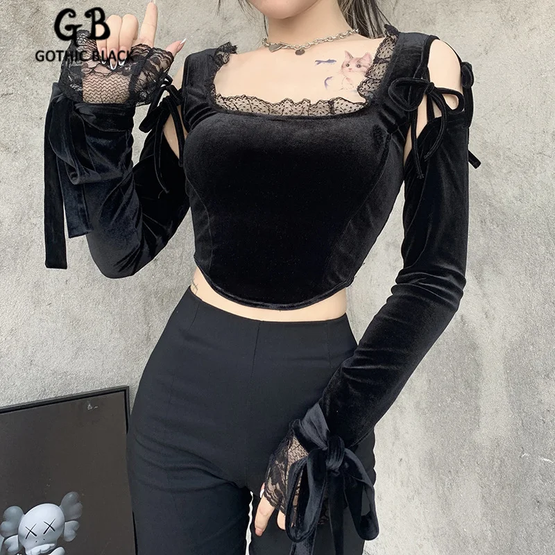 

Gothblack Sexy Vintage Slim Splice Long Sleeve Crop Top Women Gothic Solid Lace Bodycon Tshirt Female Chic Suede Streetwear Tops