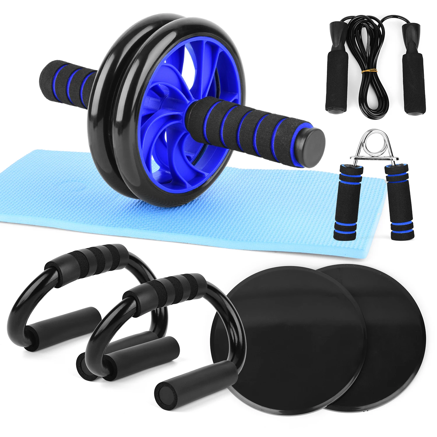 

8 PCS Abdominal Roller Wheel Knee Pad Push up Bars Disc Core Slider Jump Rope Hand Gripper Pack Kit for Home Gym Fitness
